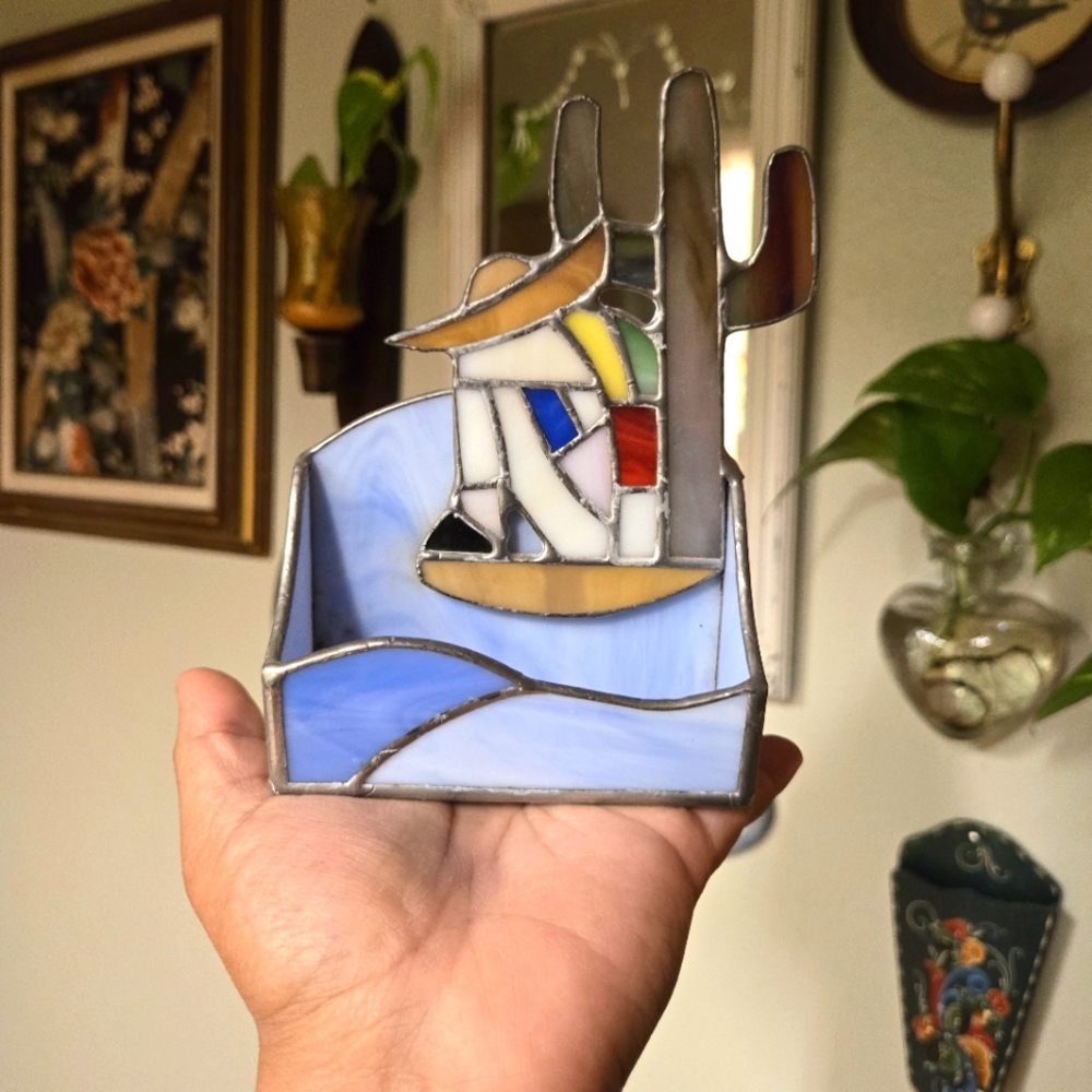 Stained Glass "Resting Mexican Man On Cactus" Card Holder